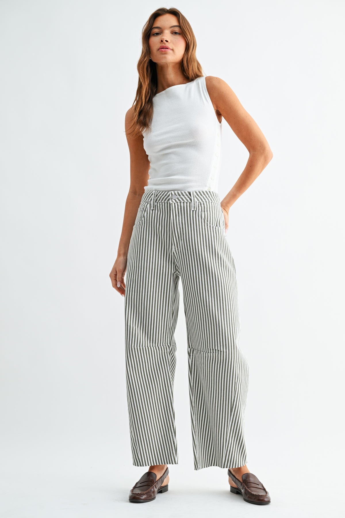 OLIVE STRIPE BARREL JEANS