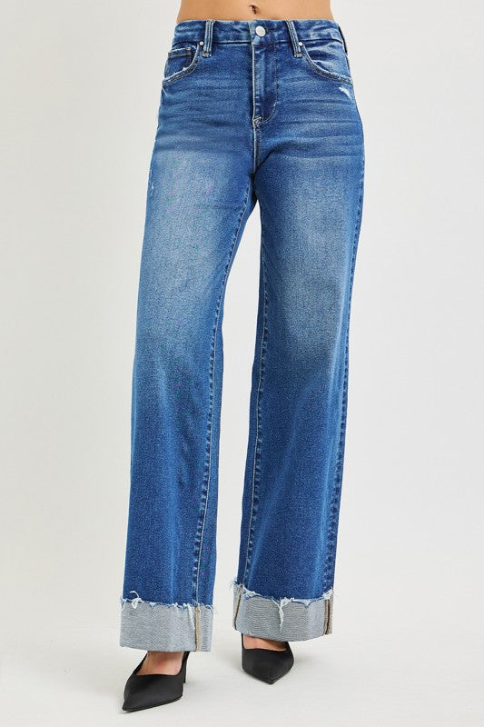 Risen High Rise Cuffed Wide Leg Jeans