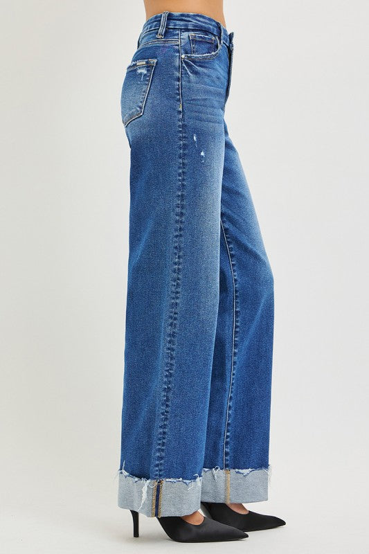 Risen High Rise Cuffed Wide Leg Jeans