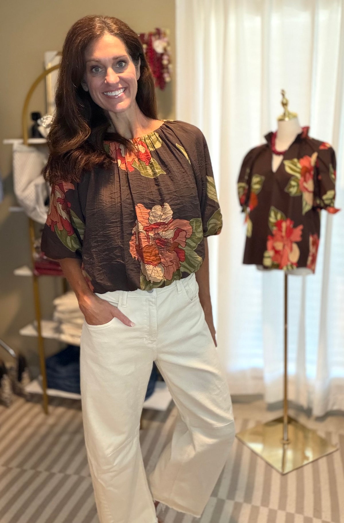 FLORAL SLEEVE BUBBLE TOP | CHOCOLATE