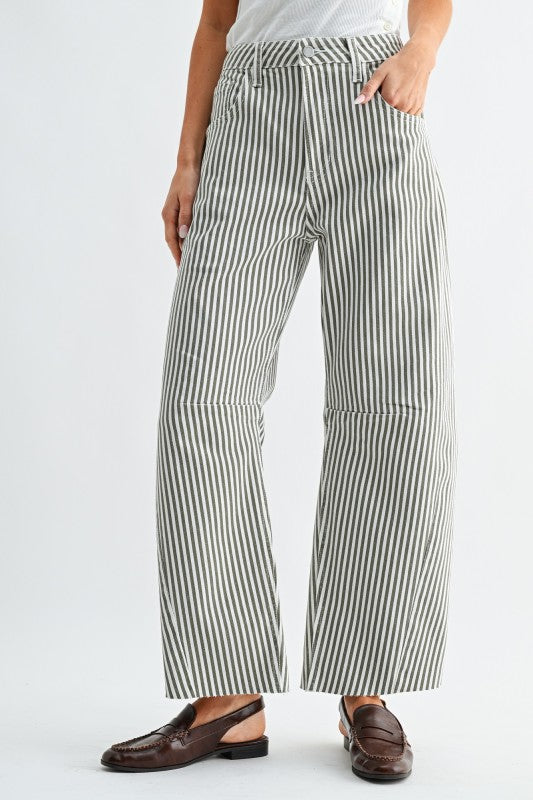 OLIVE STRIPE BARREL JEANS