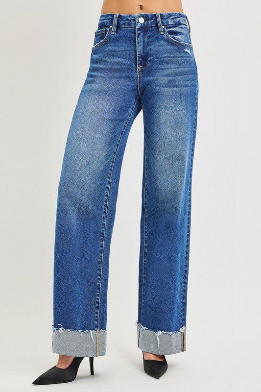Risen High Rise Cuffed Wide Leg Jeans