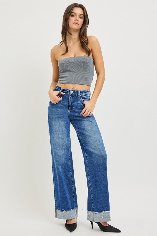 Risen High Rise Cuffed Wide Leg Jeans