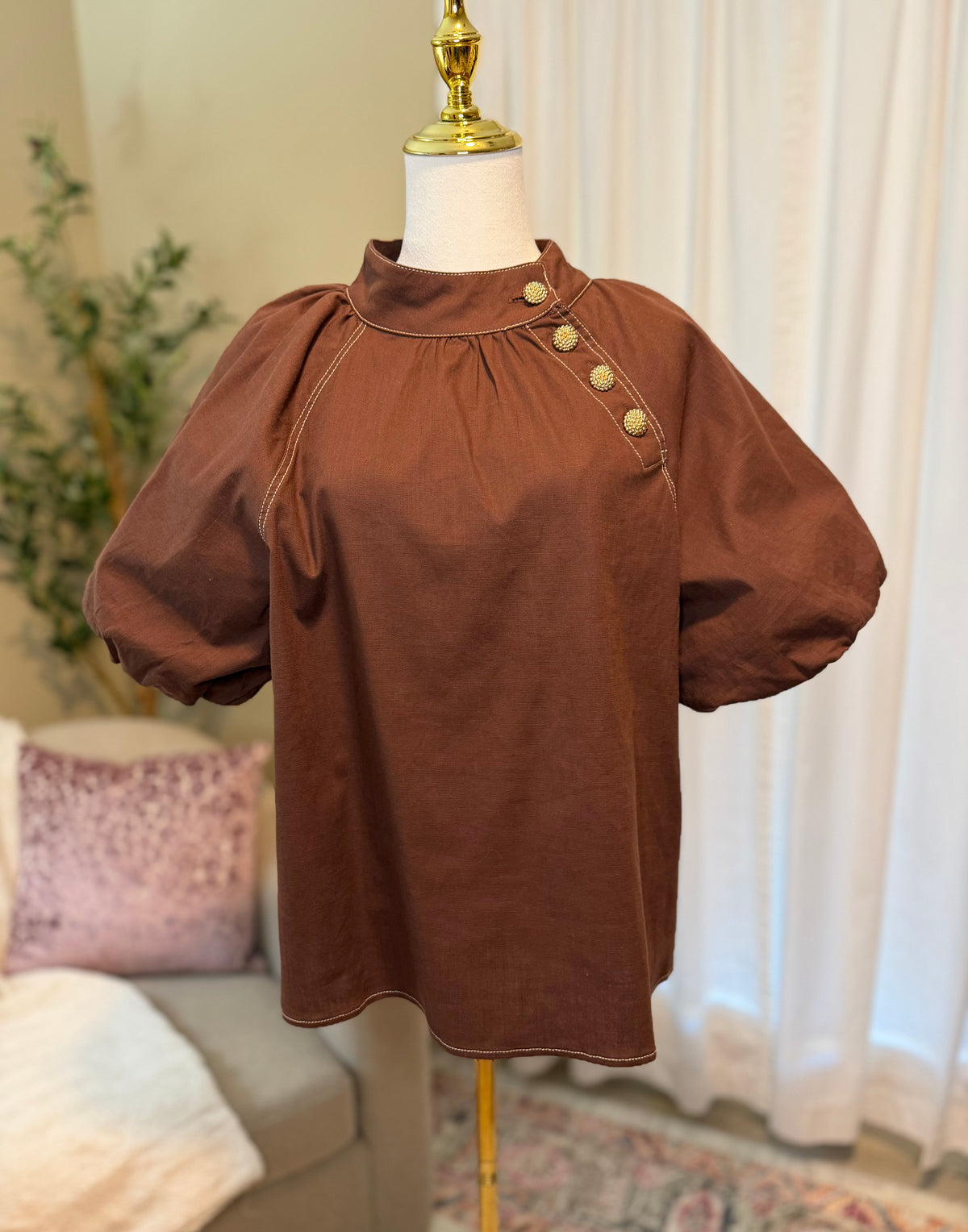 BROWN PUFF SLEEVE TOP - THML